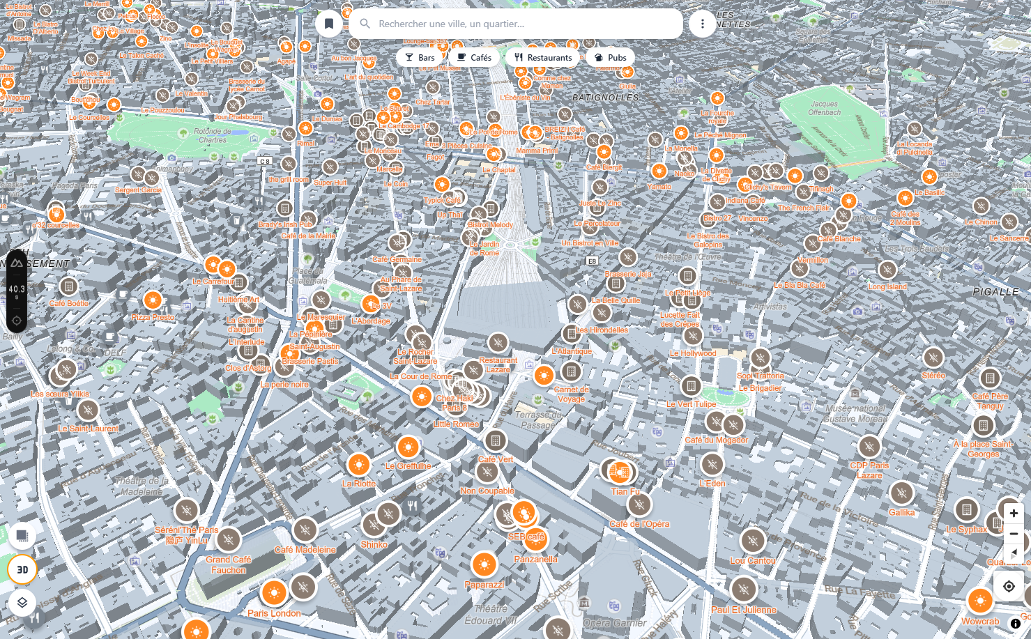 Aperçu de la carte SunTerrasse à Paris avec les terrasses au soleil